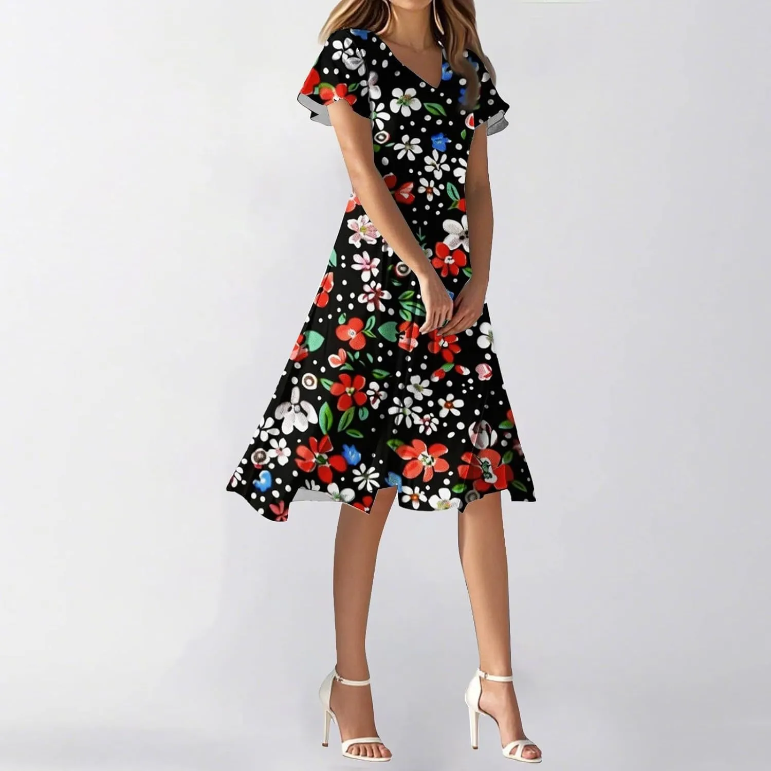 2025 Summer Dresses for Womencasualflowyelegant Wedding Dress Ruffle Short Sleeve Floral Dresses Midi Chiffon Dress