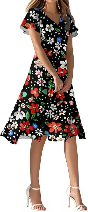 2025 Summer Dresses for Womencasualflowyelegant Wedding Dress Ruffle Short Sleeve Floral Dresses Midi Chiffon Dress