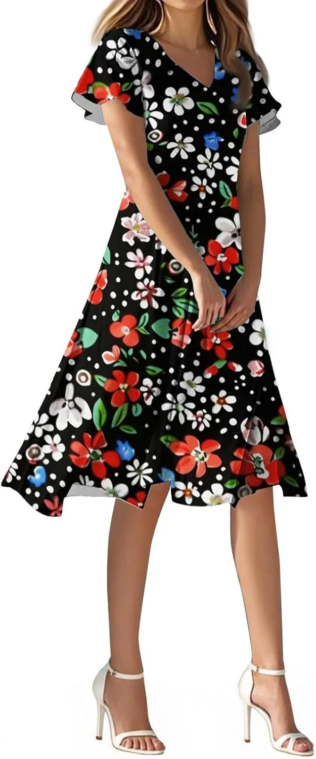 2025 Summer Dresses for Womencasualflowyelegant Wedding Dress Ruffle Short Sleeve Floral Dresses Midi Chiffon Dress