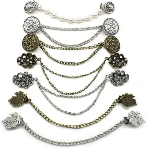 7 Pcs Sweater Clips Retro Shawl Dresses Clips with Chains Serration Attachment Decorative Zinc Alloy Cardigan Cloak Clasp for Women, Girl Ideal Gift, Sweater Clips