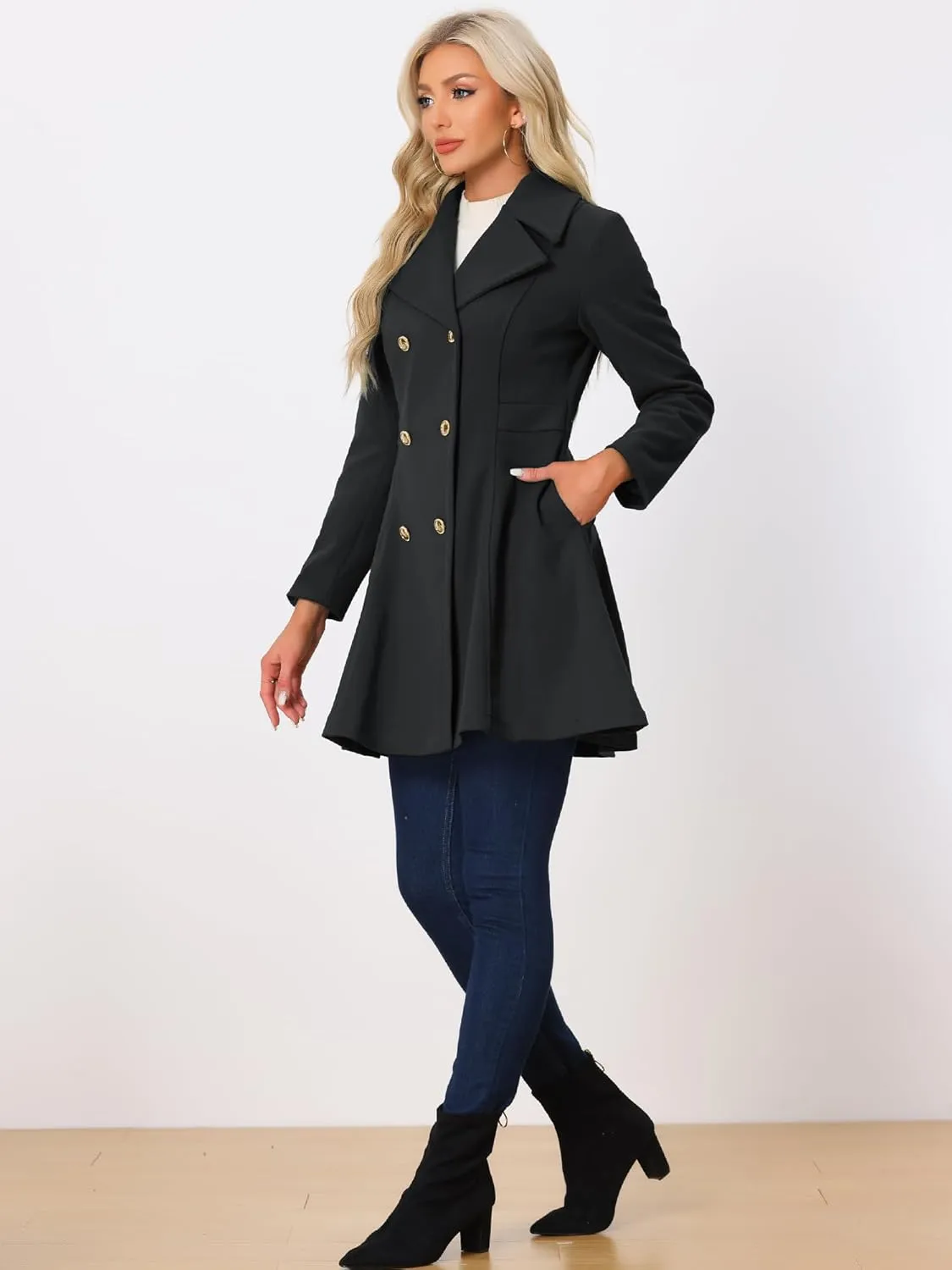 Allegra K Winter Long Coat for Women's Lapel Collar Double Breast Coats