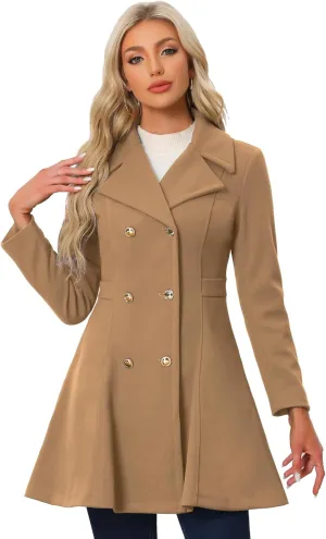 Allegra K Winter Long Coat for Women's Lapel Collar Double Breast Coats