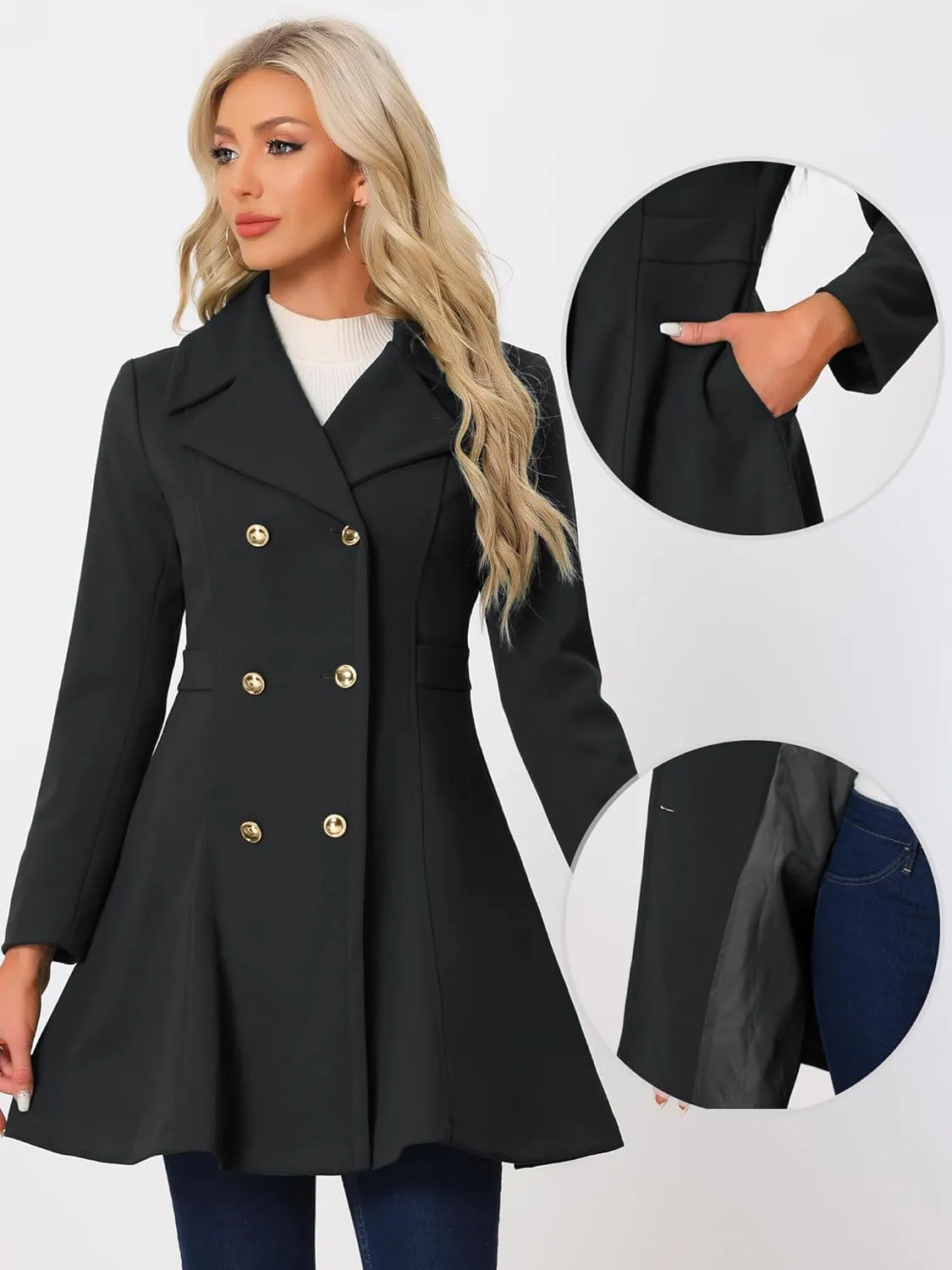 Allegra K Winter Long Coat for Women's Lapel Collar Double Breast Coats