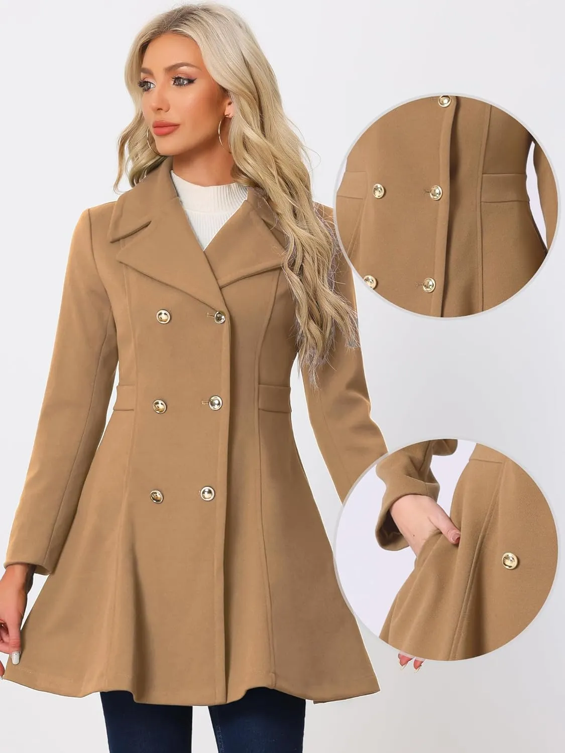 Allegra K Winter Long Coat for Women's Lapel Collar Double Breast Coats