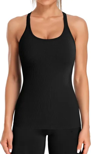 ATTRACO Ribbed Workout Tank Tops for Women with Built in Bra Tight Racerback Scoop Neck Athletic Top