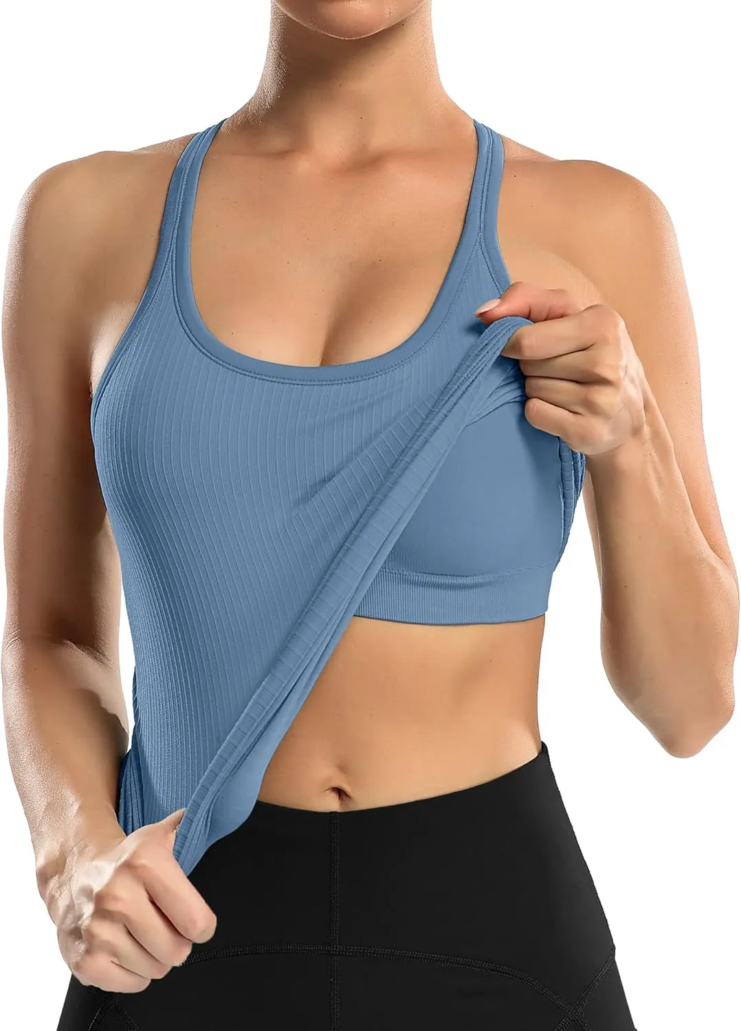 ATTRACO Ribbed Workout Tank Tops for Women with Built in Bra Tight Racerback Scoop Neck Athletic Top