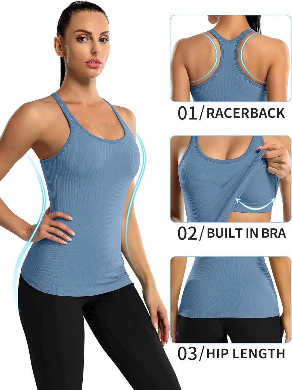 ATTRACO Ribbed Workout Tank Tops for Women with Built in Bra Tight Racerback Scoop Neck Athletic Top