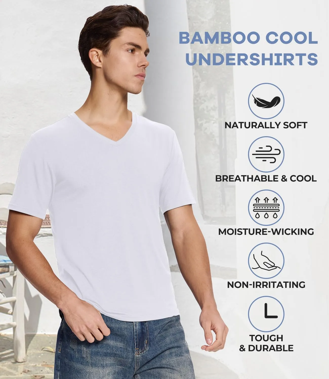 BAMBOO COOL Men's Undershirts Stretch V Neck T-Shirts,Breathable and Moisture-Wicking Tees for Men 3 Pack
