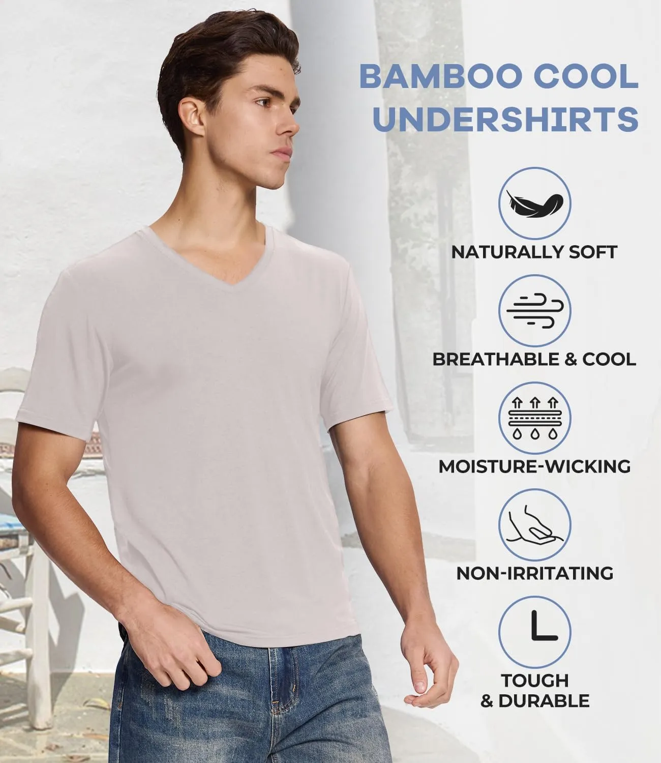 BAMBOO COOL Men's Undershirts Stretch V Neck T-Shirts,Breathable and Moisture-Wicking Tees for Men 3 Pack
