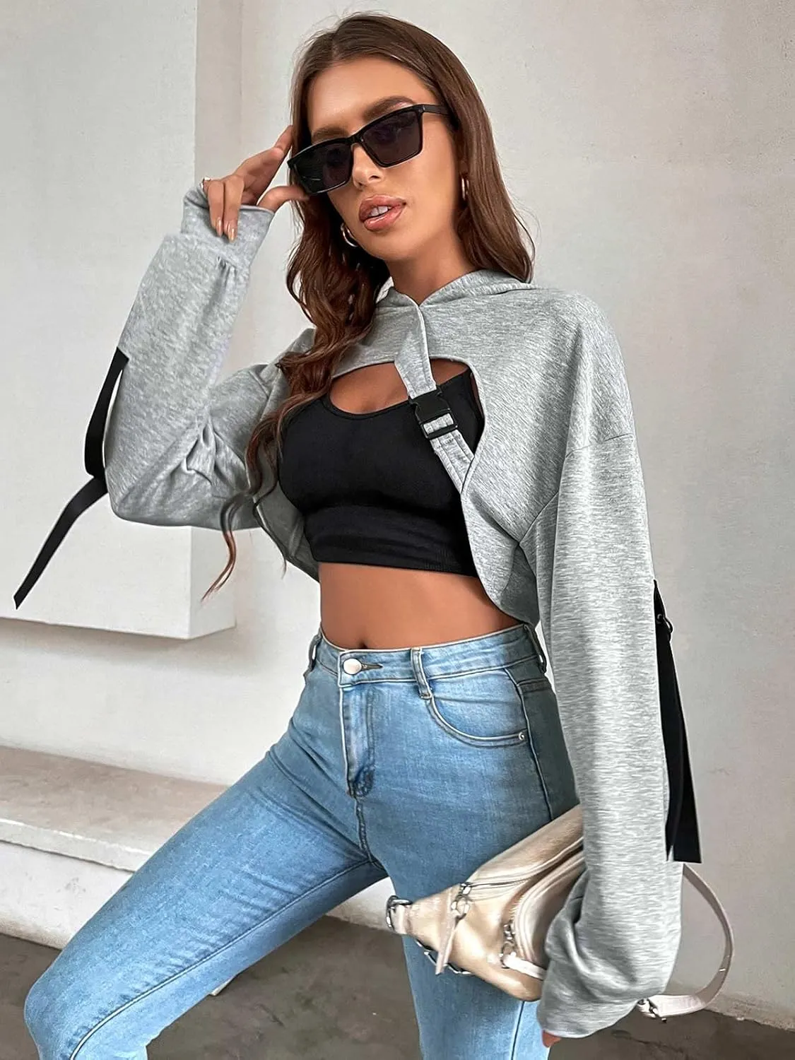 BEJONS Women Long Sleeve Cropped Super Crop Top Hoodies Sweatshirt Aesthetic Punk Hip Hop Dance Sexy Rave Cloth