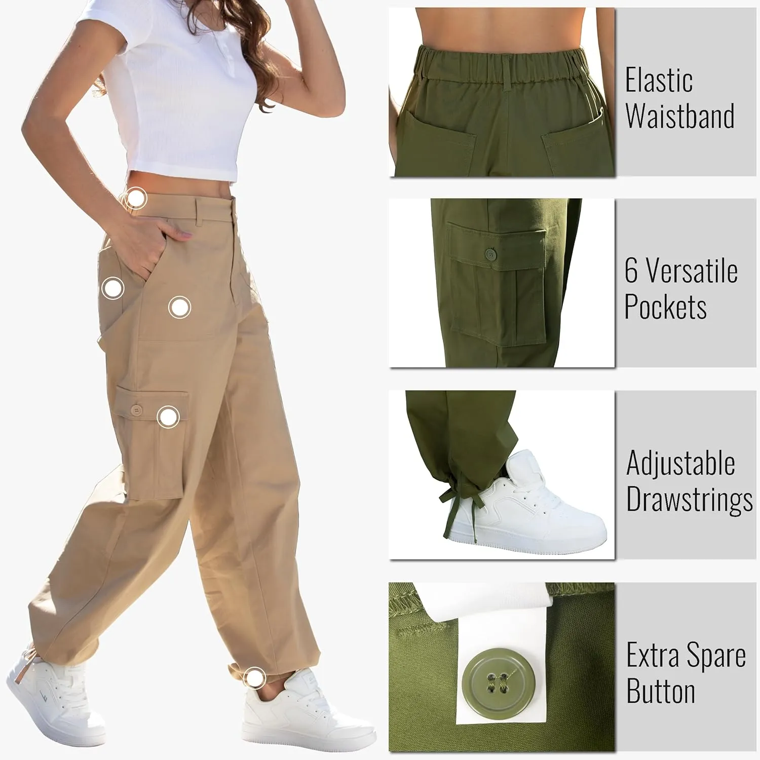 Cargo Pants for Women High Waisted Women's Y2K Baggy Casual Pants with 6 Pockets and Elastic Waist