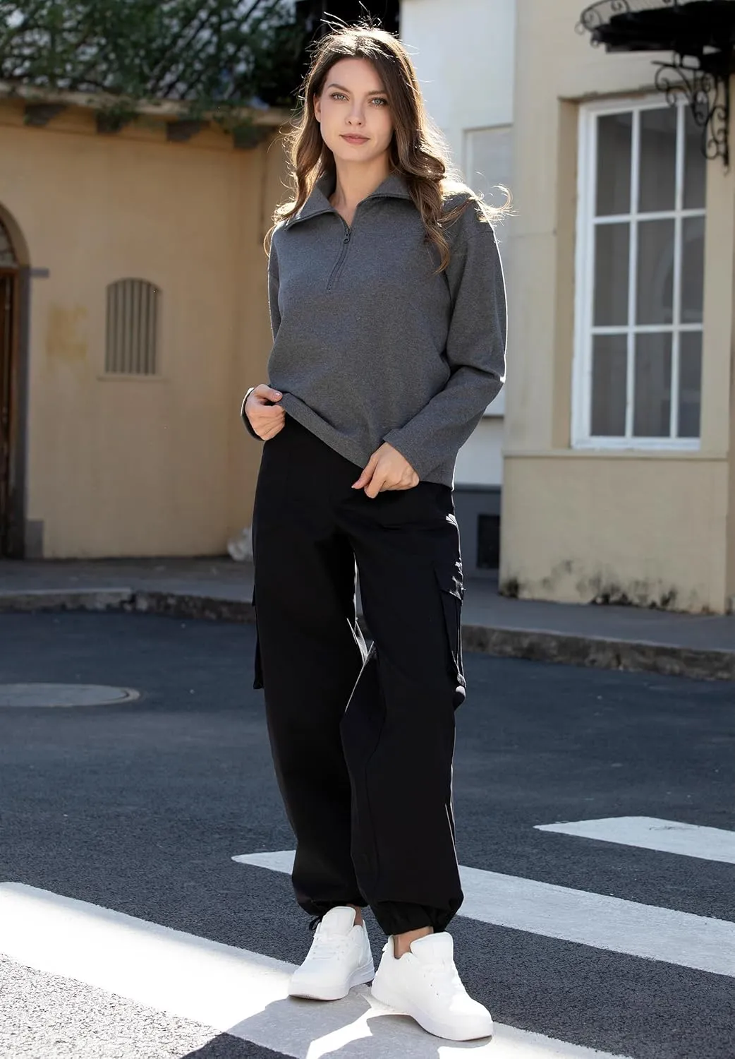 Cargo Pants for Women High Waisted Women's Y2K Baggy Casual Pants with 6 Pockets and Elastic Waist