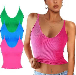CHYRII Women 3 Pack Ruffled V Neck Cropped Tops Workout Basic Ribbed Camisole Tank Tops
