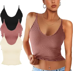 CHYRII Women 3 Pack Ruffled V Neck Cropped Tops Workout Basic Ribbed Camisole Tank Tops