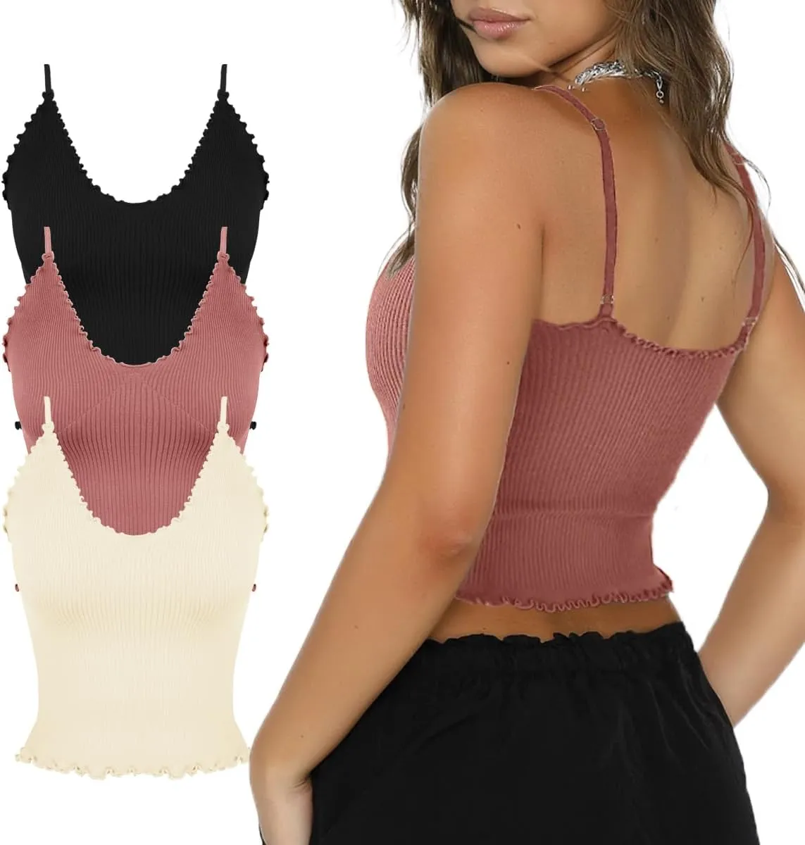 CHYRII Women 3 Pack Ruffled V Neck Cropped Tops Workout Basic Ribbed Camisole Tank Tops