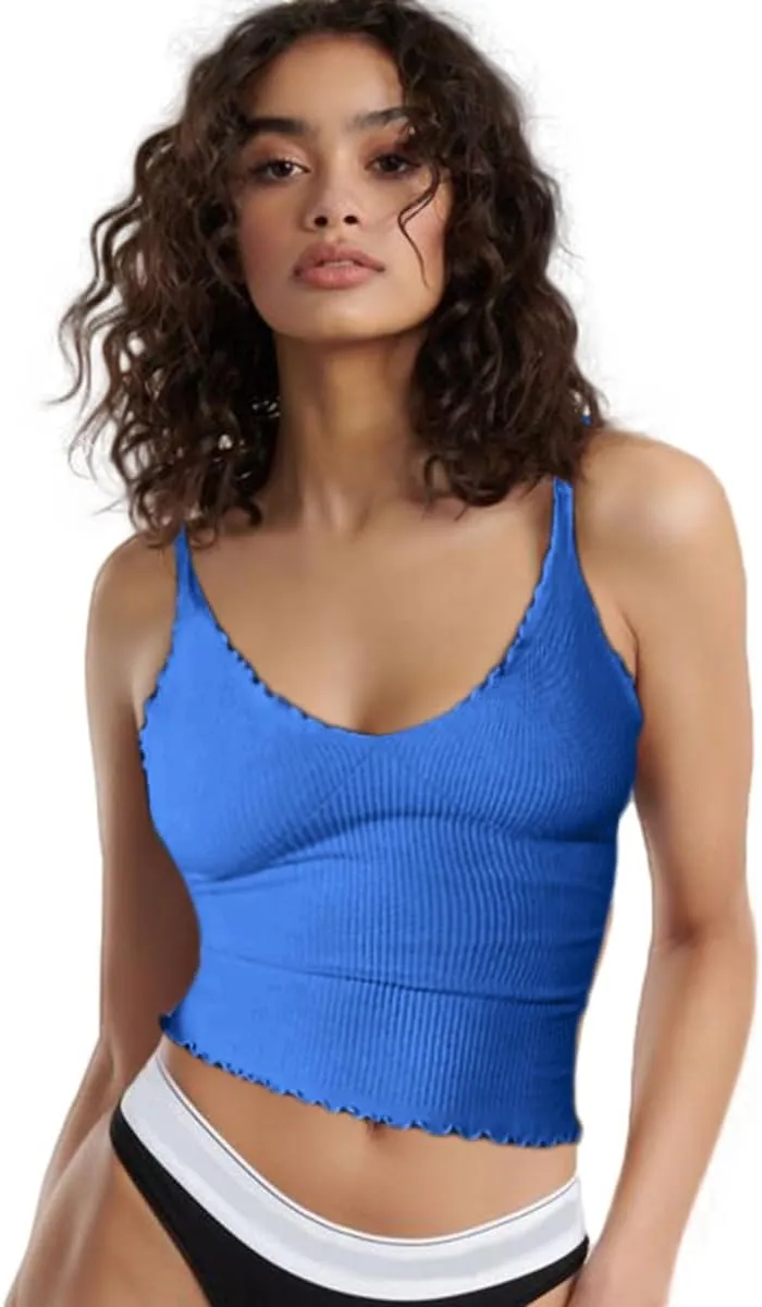 CHYRII Women 3 Pack Ruffled V Neck Cropped Tops Workout Basic Ribbed Camisole Tank Tops