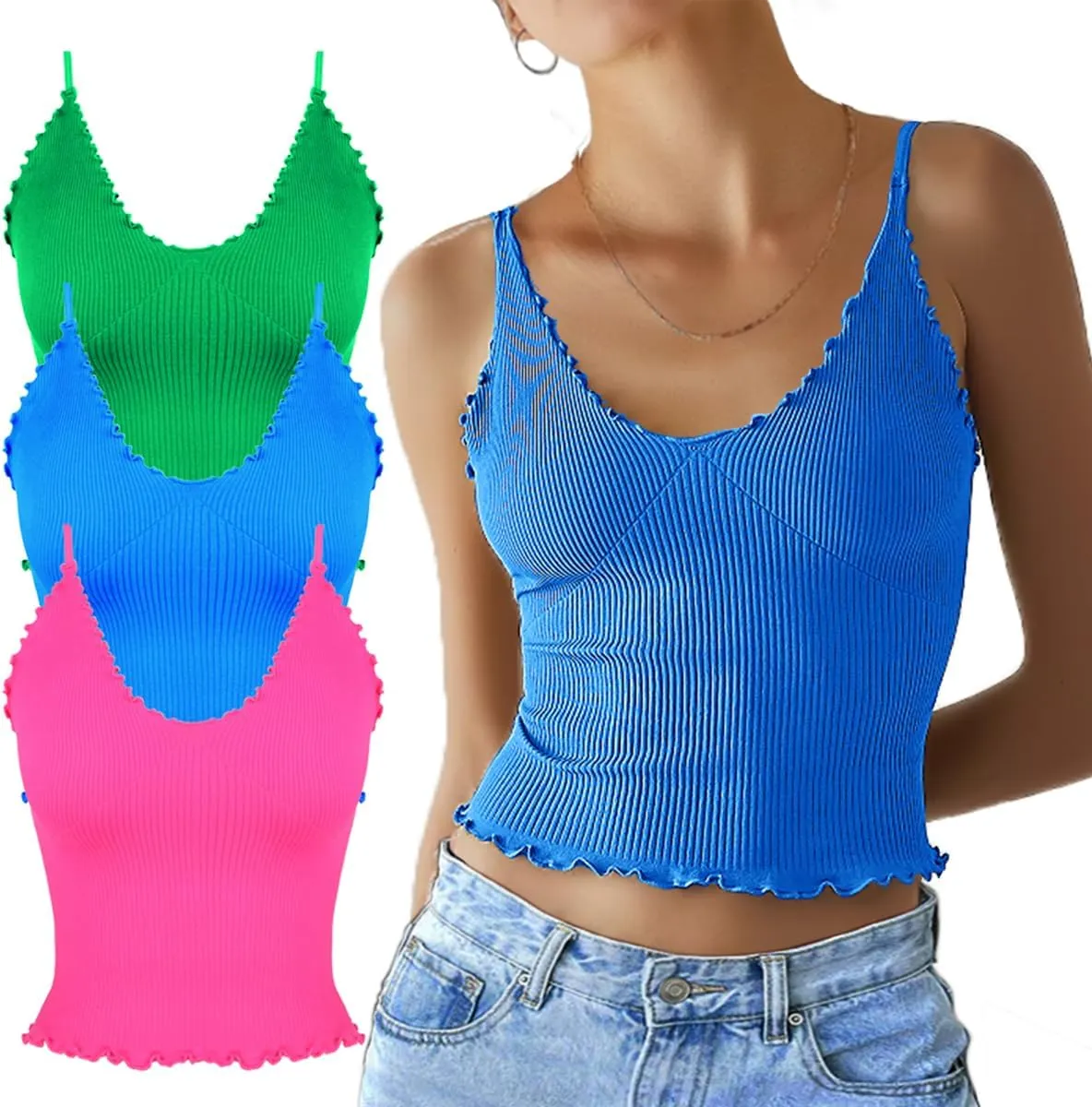 CHYRII Women 3 Pack Ruffled V Neck Cropped Tops Workout Basic Ribbed Camisole Tank Tops