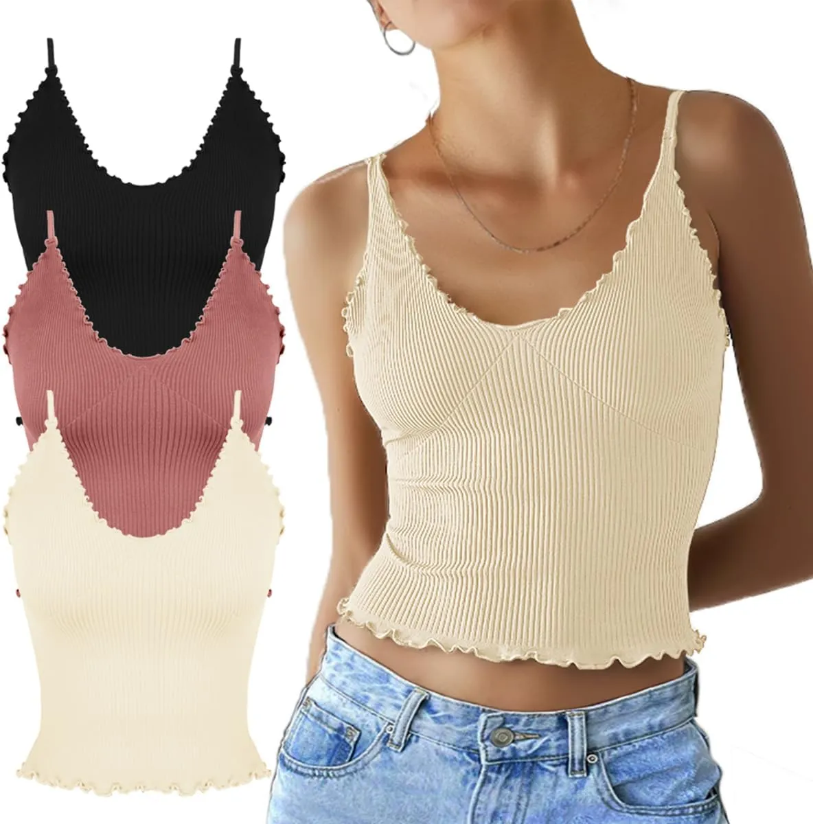 CHYRII Women 3 Pack Ruffled V Neck Cropped Tops Workout Basic Ribbed Camisole Tank Tops