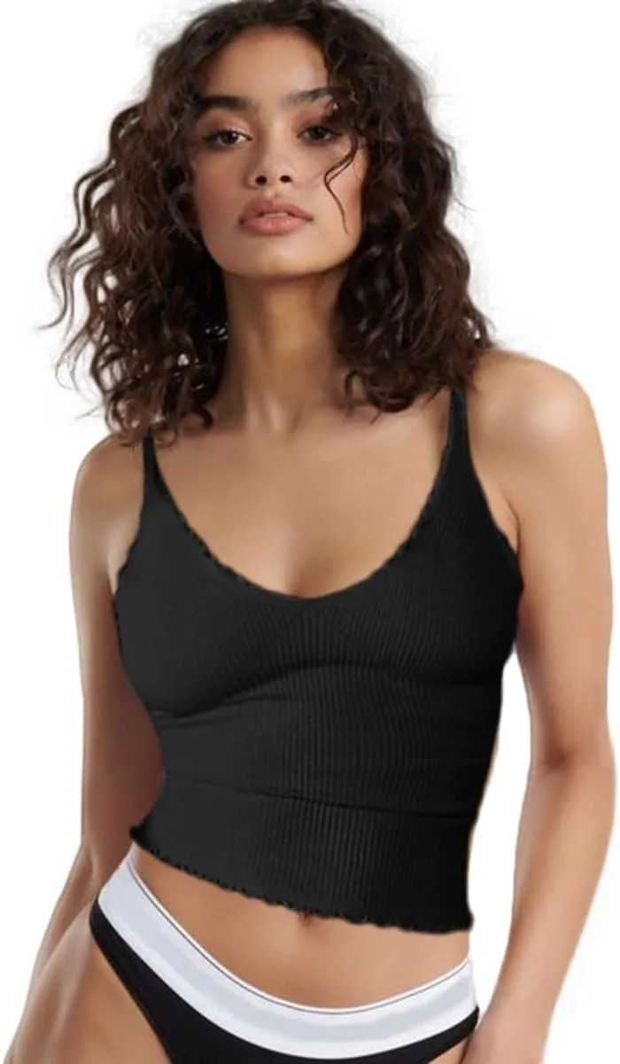 CHYRII Women 3 Pack Ruffled V Neck Cropped Tops Workout Basic Ribbed Camisole Tank Tops
