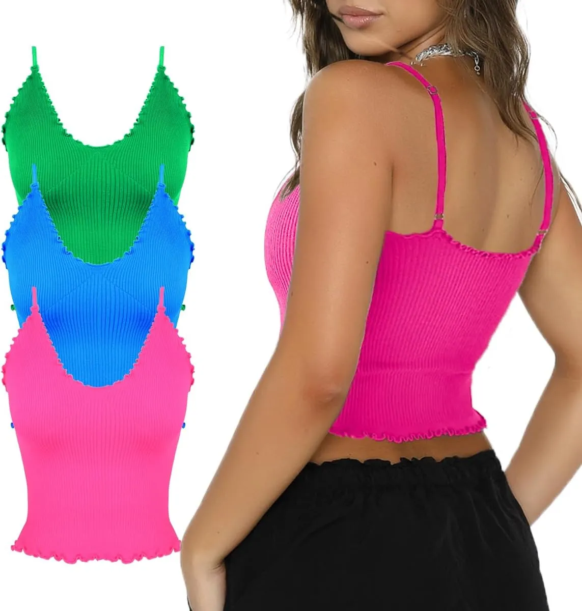 CHYRII Women 3 Pack Ruffled V Neck Cropped Tops Workout Basic Ribbed Camisole Tank Tops