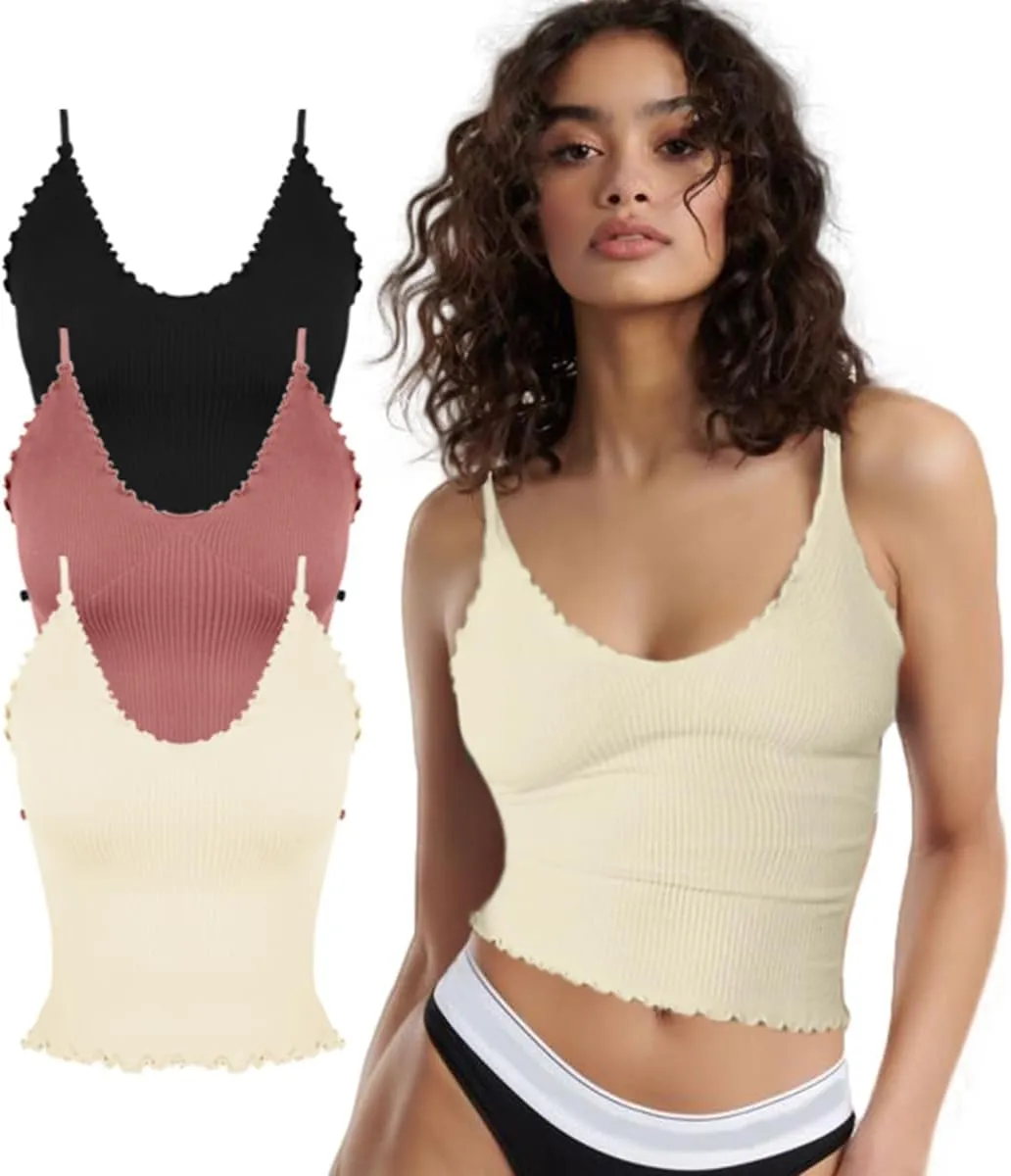 CHYRII Women 3 Pack Ruffled V Neck Cropped Tops Workout Basic Ribbed Camisole Tank Tops
