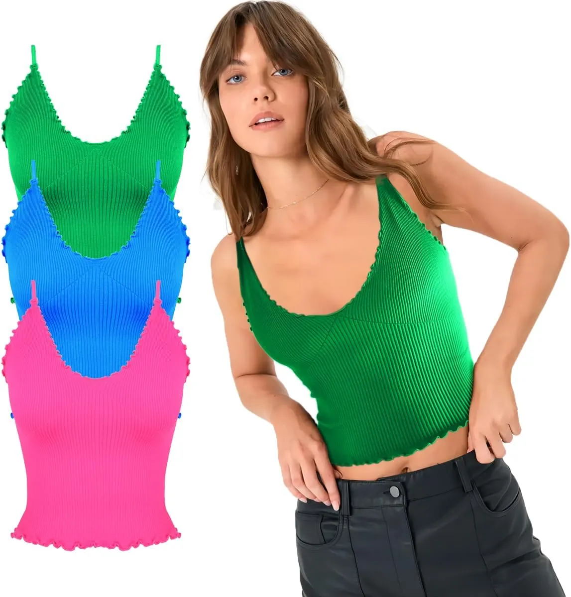 CHYRII Women 3 Pack Ruffled V Neck Cropped Tops Workout Basic Ribbed Camisole Tank Tops