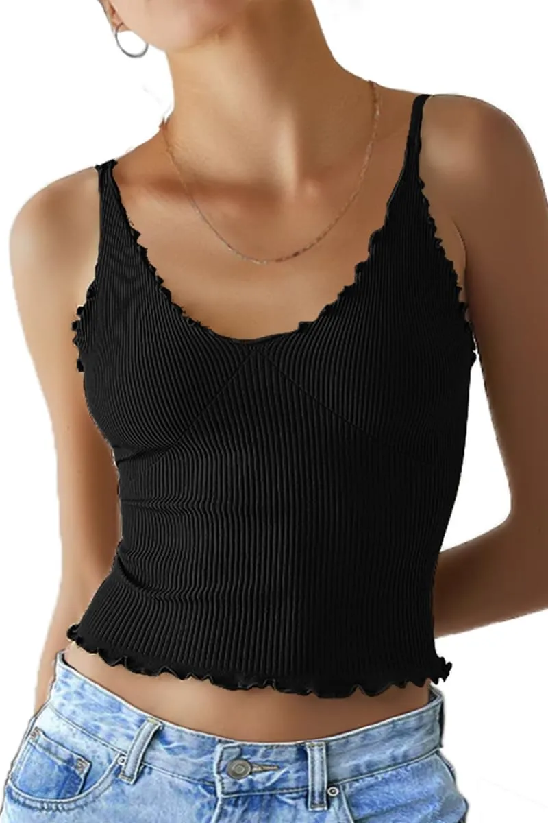 CHYRII Women 3 Pack Ruffled V Neck Cropped Tops Workout Basic Ribbed Camisole Tank Tops
