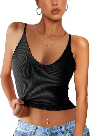CHYRII Women 3 Pack Ruffled V Neck Cropped Tops Workout Basic Ribbed Camisole Tank Tops