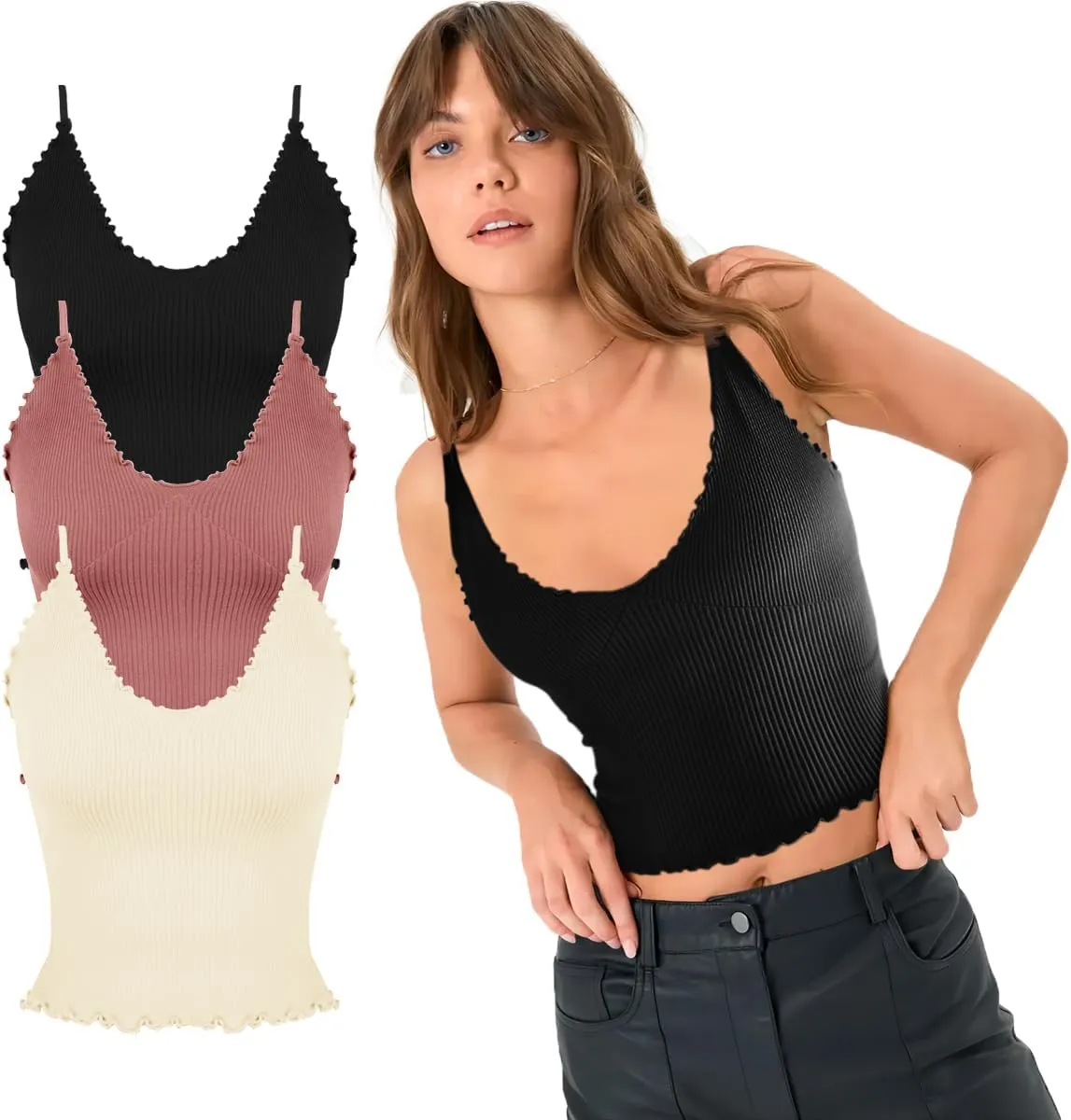 CHYRII Women 3 Pack Ruffled V Neck Cropped Tops Workout Basic Ribbed Camisole Tank Tops