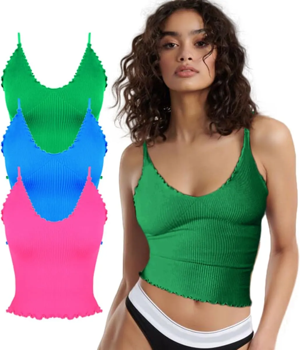 CHYRII Women 3 Pack Ruffled V Neck Cropped Tops Workout Basic Ribbed Camisole Tank Tops
