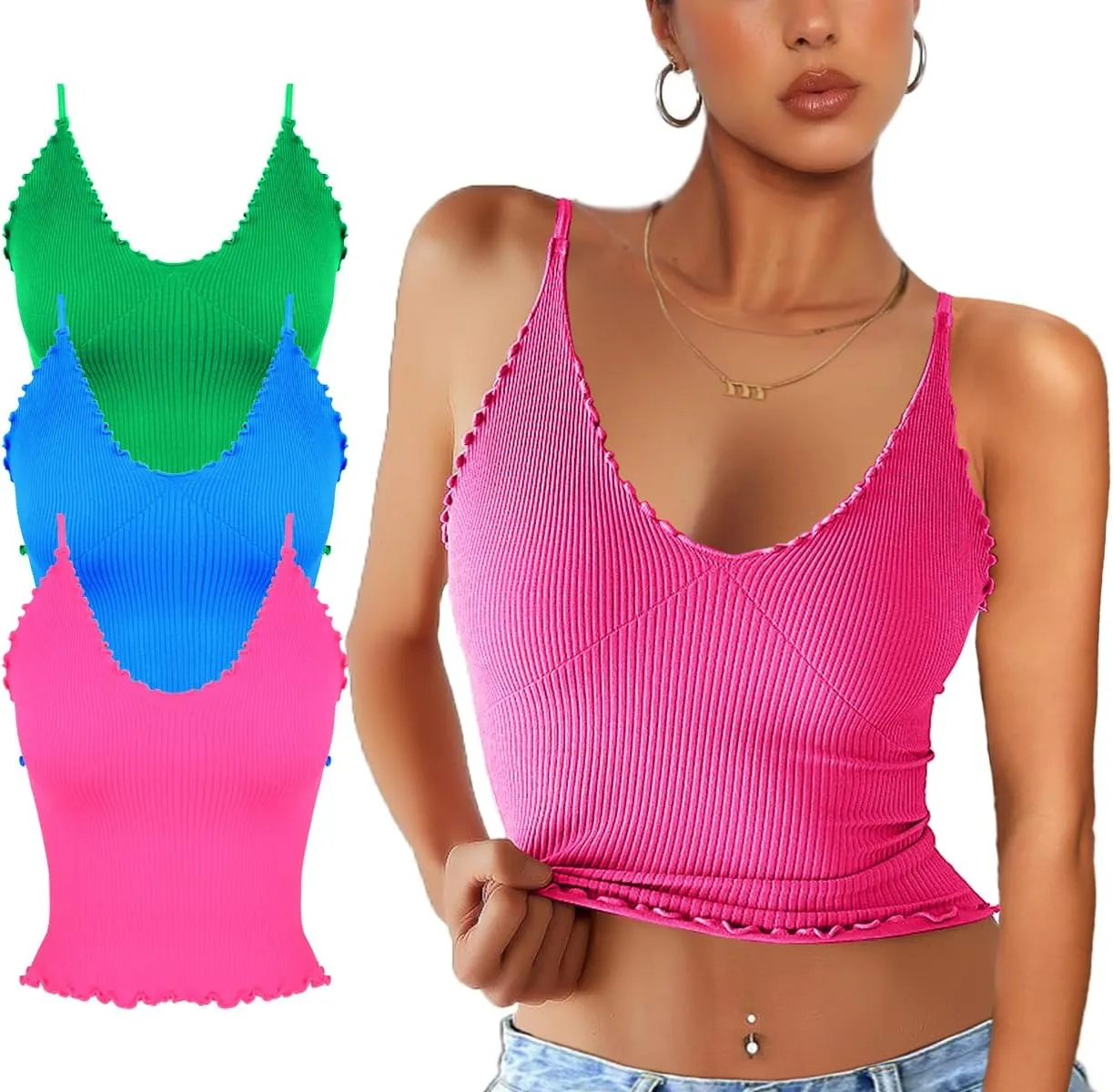 CHYRII Women 3 Pack Ruffled V Neck Cropped Tops Workout Basic Ribbed Camisole Tank Tops