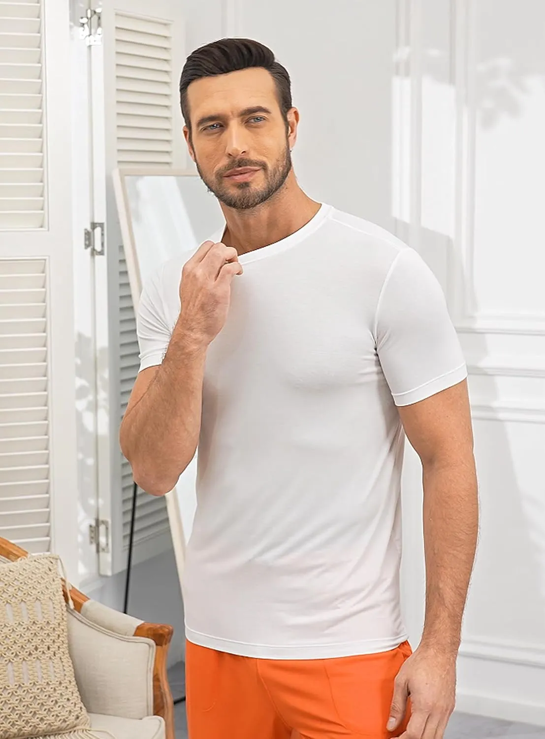 COLORFULLEAF Men's Undershirts Bamboo Rayon Short Sleeve Crewneck/V-Neck Tees Slim-fit T-Shirts 3 or 5 Pack