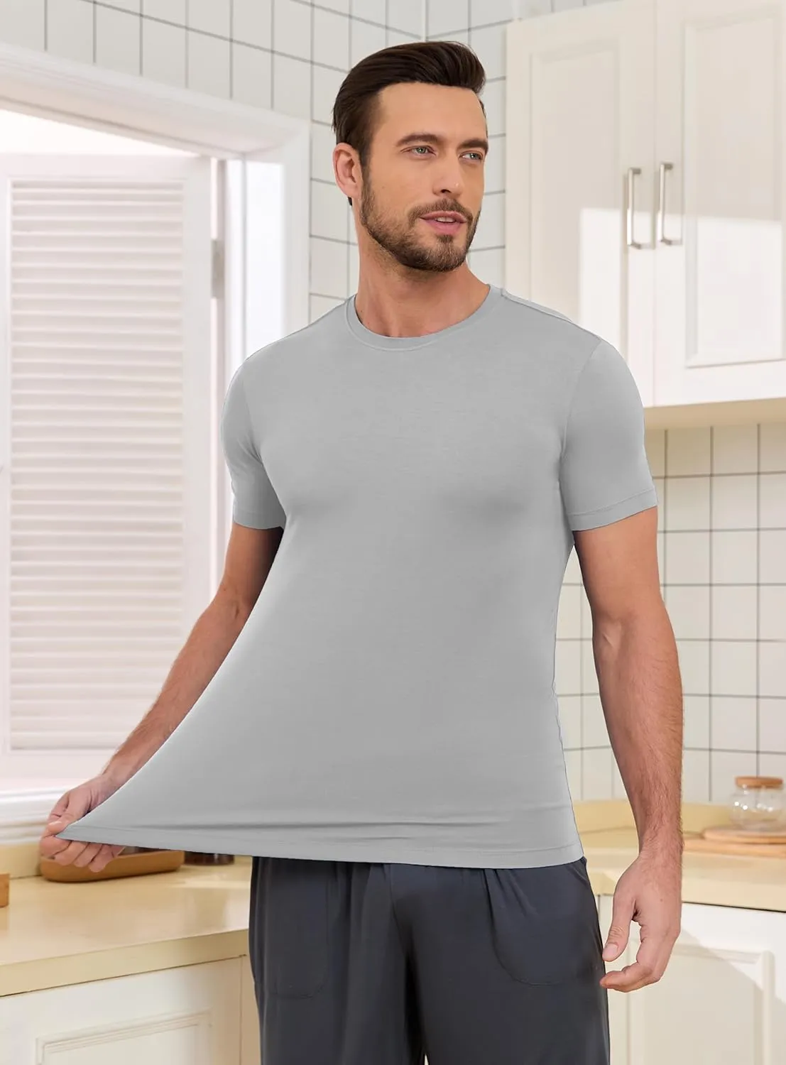 COLORFULLEAF Men's Undershirts Bamboo Rayon Short Sleeve Crewneck/V-Neck Tees Slim-fit T-Shirts 3 or 5 Pack