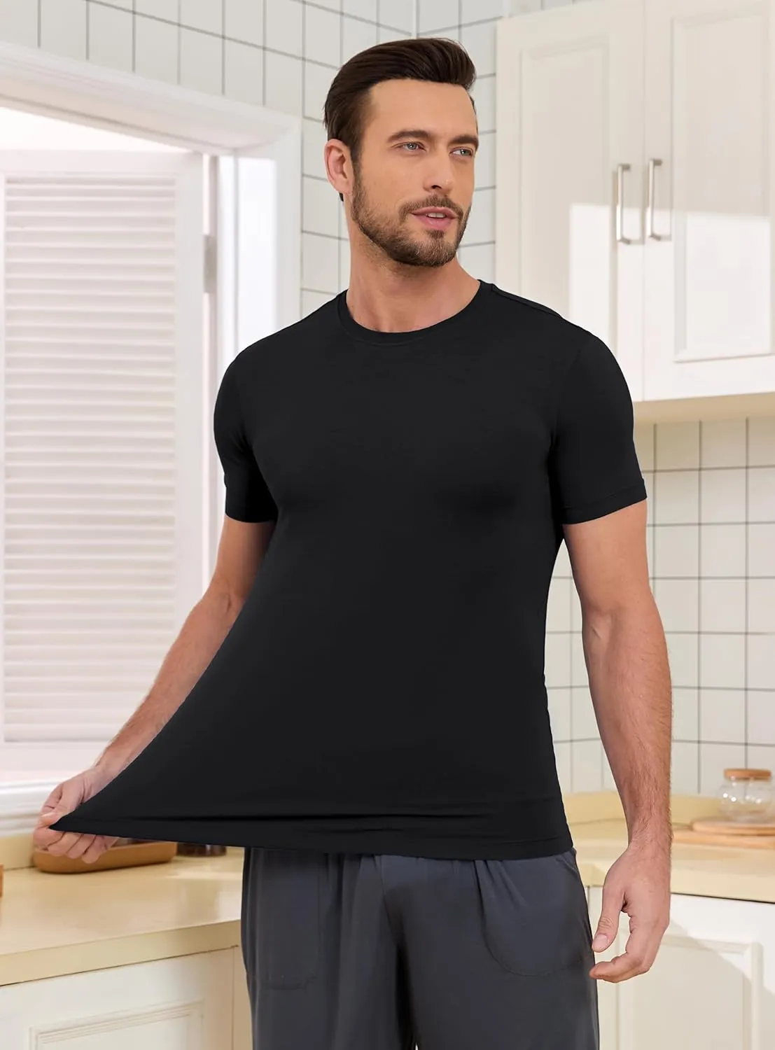 COLORFULLEAF Men's Undershirts Bamboo Rayon Short Sleeve Crewneck/V-Neck Tees Slim-fit T-Shirts 3 or 5 Pack