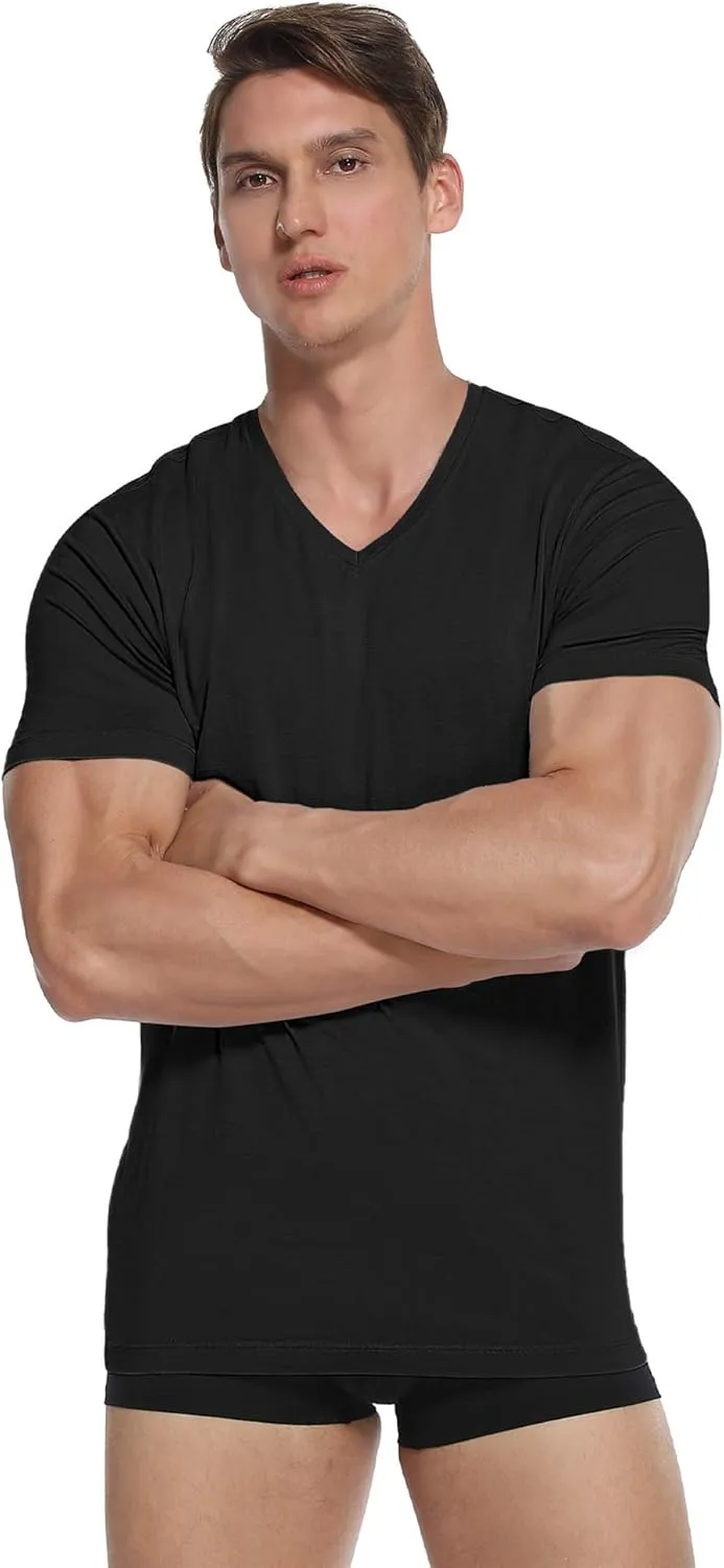 COLORFULLEAF Men's Undershirts Bamboo Rayon Short Sleeve Crewneck/V-Neck Tees Slim-fit T-Shirts 3 or 5 Pack