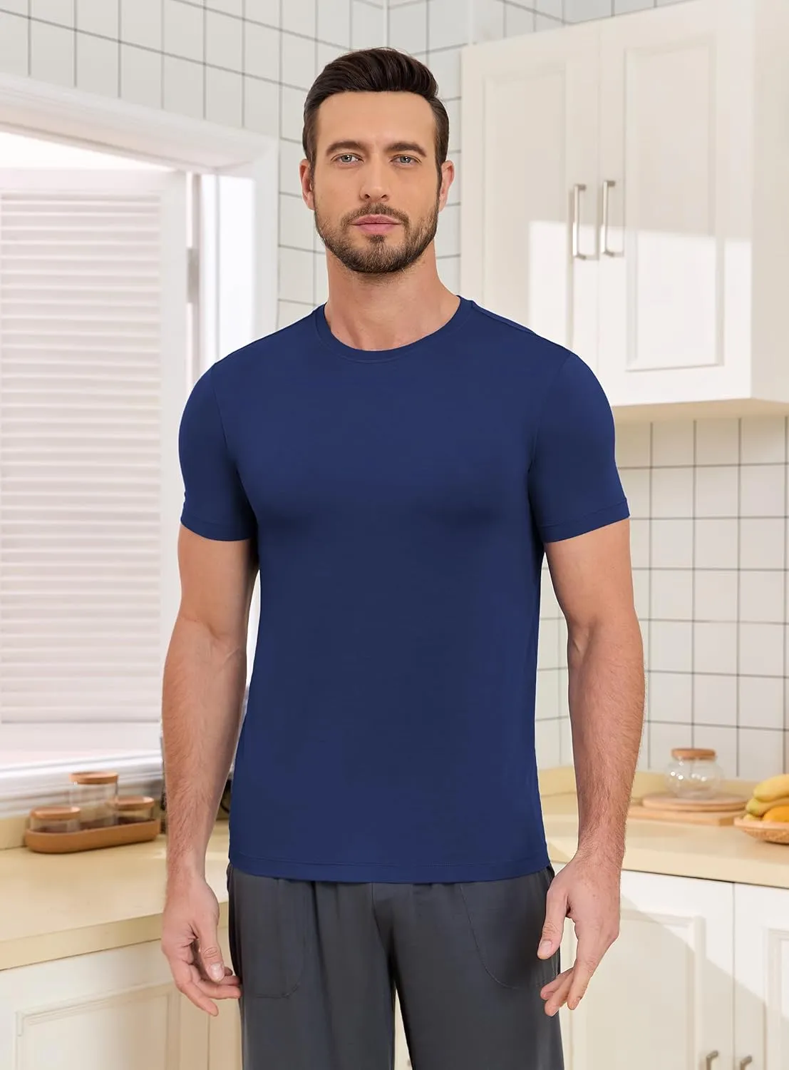 COLORFULLEAF Men's Undershirts Bamboo Rayon Short Sleeve Crewneck/V-Neck Tees Slim-fit T-Shirts 3 or 5 Pack