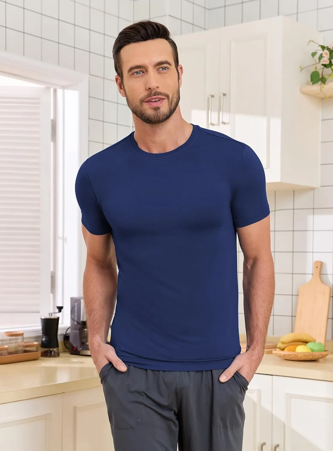COLORFULLEAF Men's Undershirts Bamboo Rayon Short Sleeve Crewneck/V-Neck Tees Slim-fit T-Shirts 3 or 5 Pack