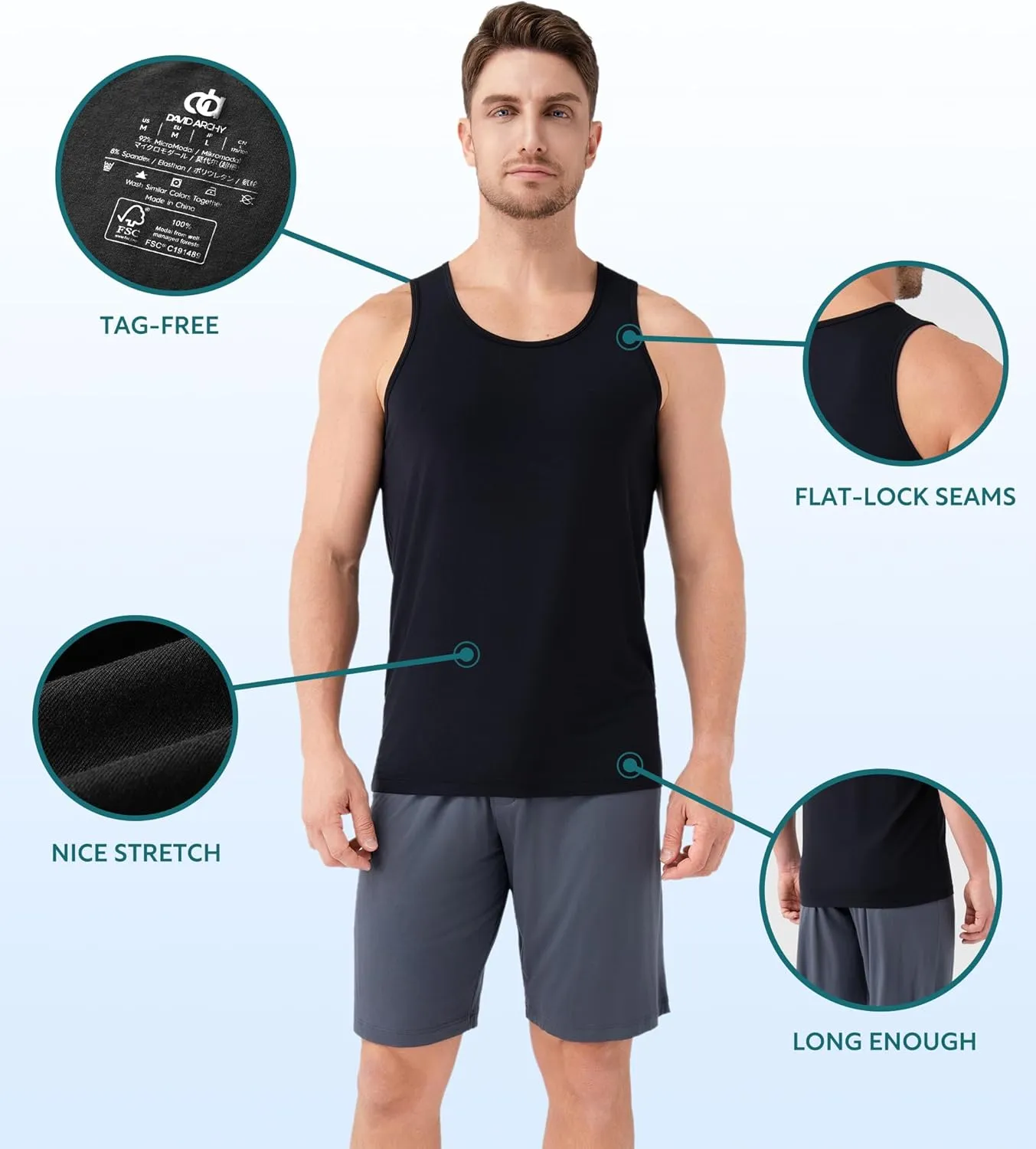 DAVID ARCHY Men's Tank Top Undershirt Micro Modal Undershirts Moisture-Wicking Tank A-Shirt for Men, 3-Pack