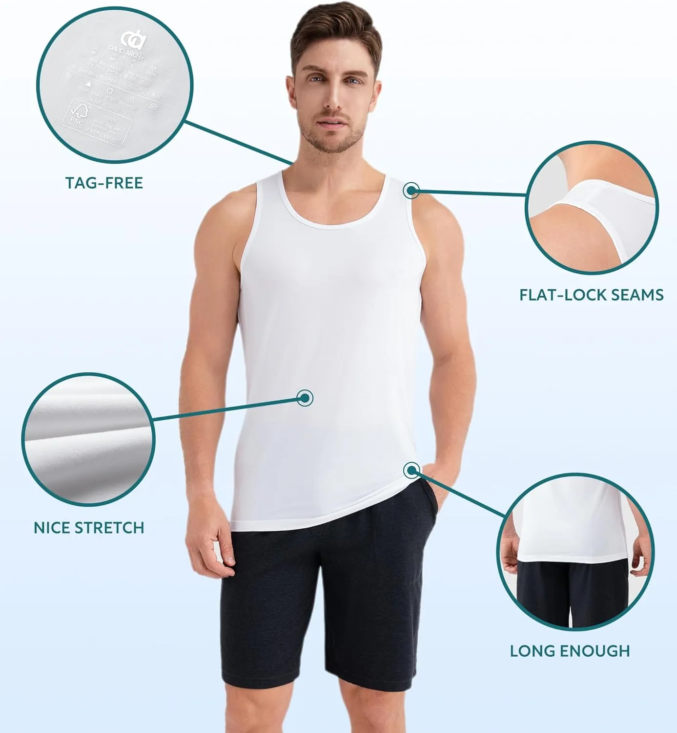 DAVID ARCHY Men's Tank Top Undershirt Micro Modal Undershirts Moisture-Wicking Tank A-Shirt for Men, 3-Pack