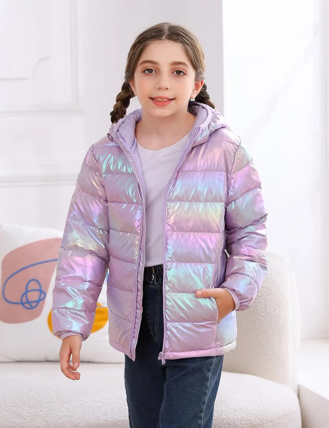 Enlifety 4-12T Girls Jacket Lightweight Winter Coats with Pockets Warm Puffer Outwear