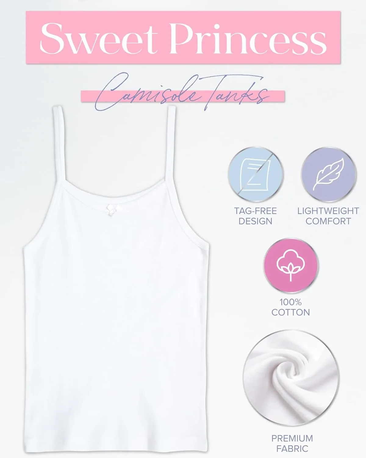 Girls Camisole - 6 Pack 100% Cotton Tank Tops Under Shirts for Girls (Sizes: 2T-16)