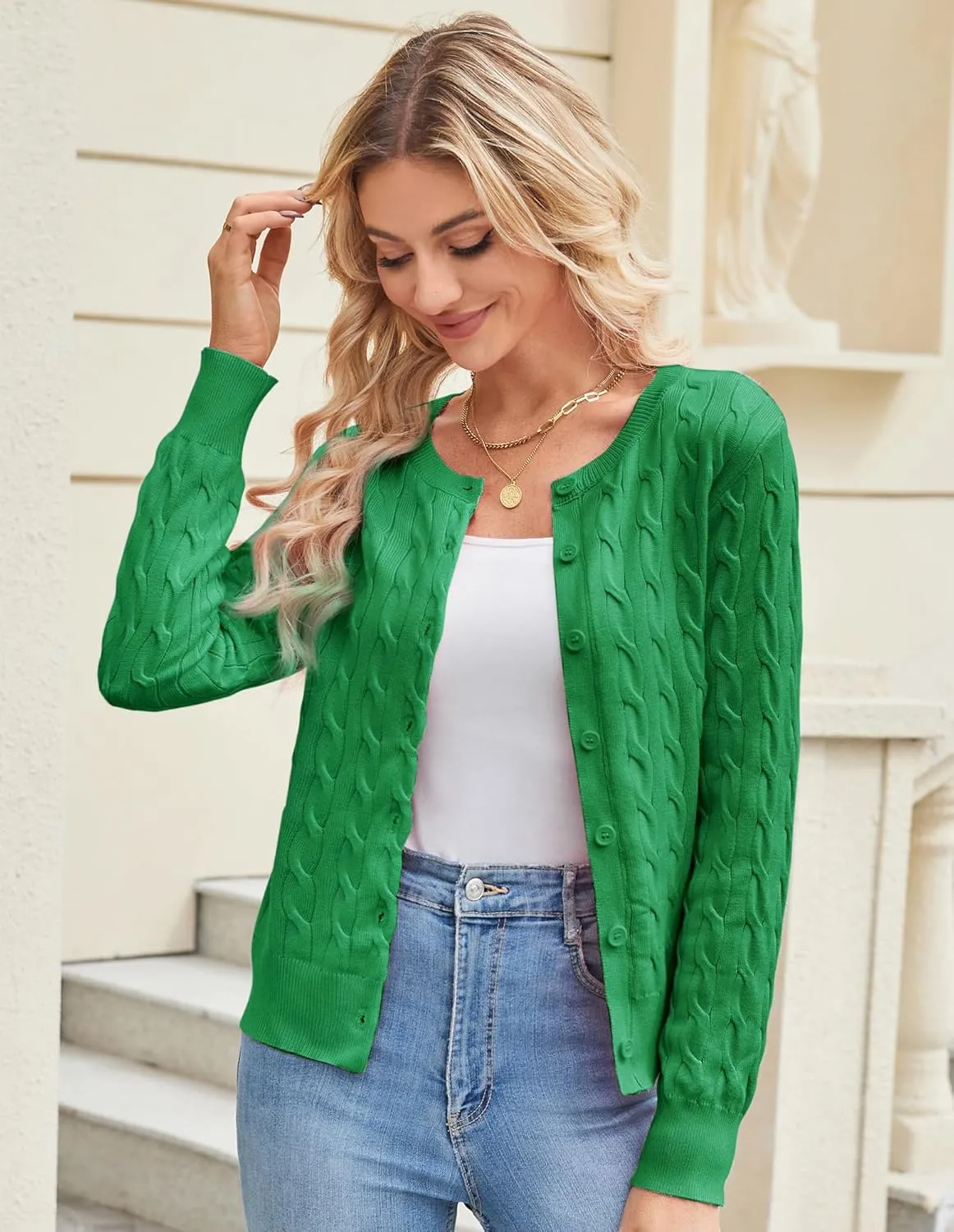 GRACE KARIN Women's Long Sleeve Button Up Cable Knit Cardigan Lightweight 2025 Crewneck Button Down Sweaters for Women