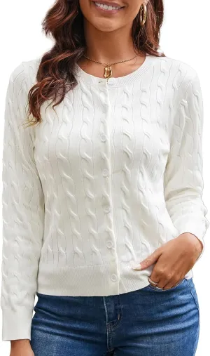 GRACE KARIN Women's Long Sleeve Button Up Cable Knit Cardigan Lightweight 2025 Crewneck Button Down Sweaters for Women