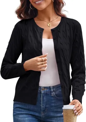 GRACE KARIN Women's Long Sleeve Button Up Cable Knit Cardigan Lightweight 2025 Crewneck Button Down Sweaters for Women