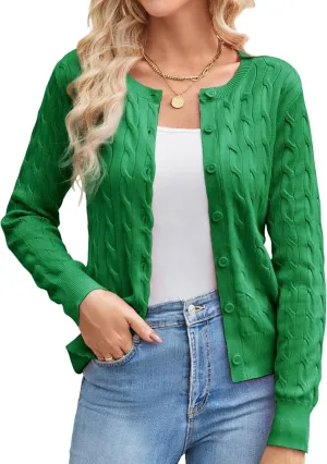 GRACE KARIN Women's Long Sleeve Button Up Cable Knit Cardigan Lightweight 2025 Crewneck Button Down Sweaters for Women