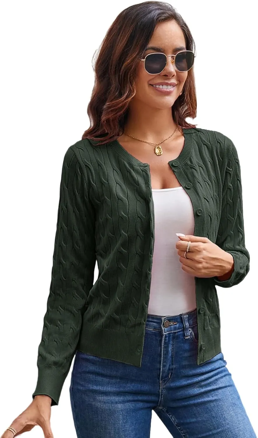 GRACE KARIN Women's Long Sleeve Button Up Cable Knit Cardigan Lightweight 2025 Crewneck Button Down Sweaters for Women