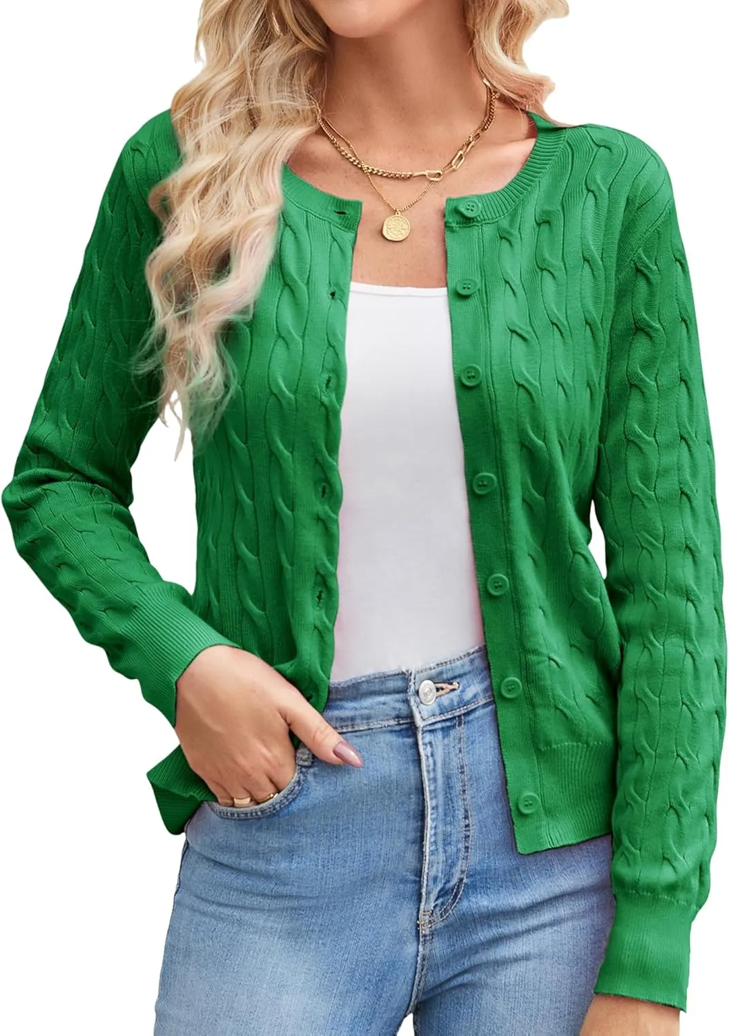 GRACE KARIN Women's Long Sleeve Button Up Cable Knit Cardigan Lightweight 2025 Crewneck Button Down Sweaters for Women