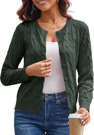GRACE KARIN Women's Long Sleeve Button Up Cable Knit Cardigan Lightweight 2025 Crewneck Button Down Sweaters for Women