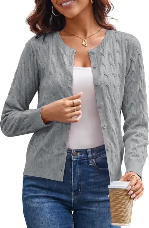 GRACE KARIN Women's Long Sleeve Button Up Cable Knit Cardigan Lightweight 2025 Crewneck Button Down Sweaters for Women