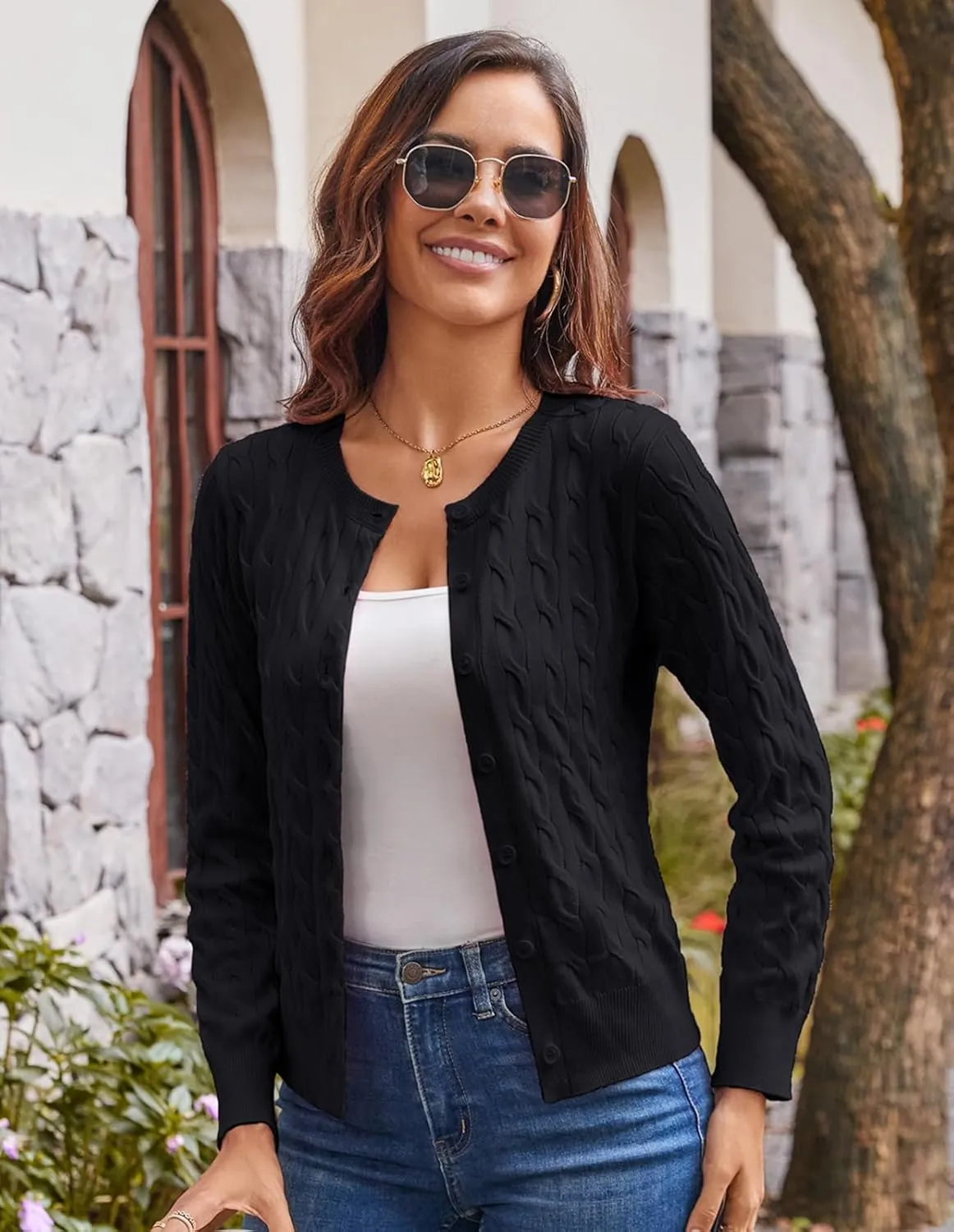 GRACE KARIN Women's Long Sleeve Button Up Cable Knit Cardigan Lightweight 2025 Crewneck Button Down Sweaters for Women
